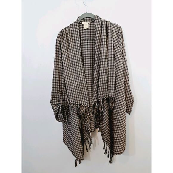 Mystree Womens Brown Plaid Fringe Hem Handkerchief Open Cardigan Boho Size M/L - Picture 1 of 4